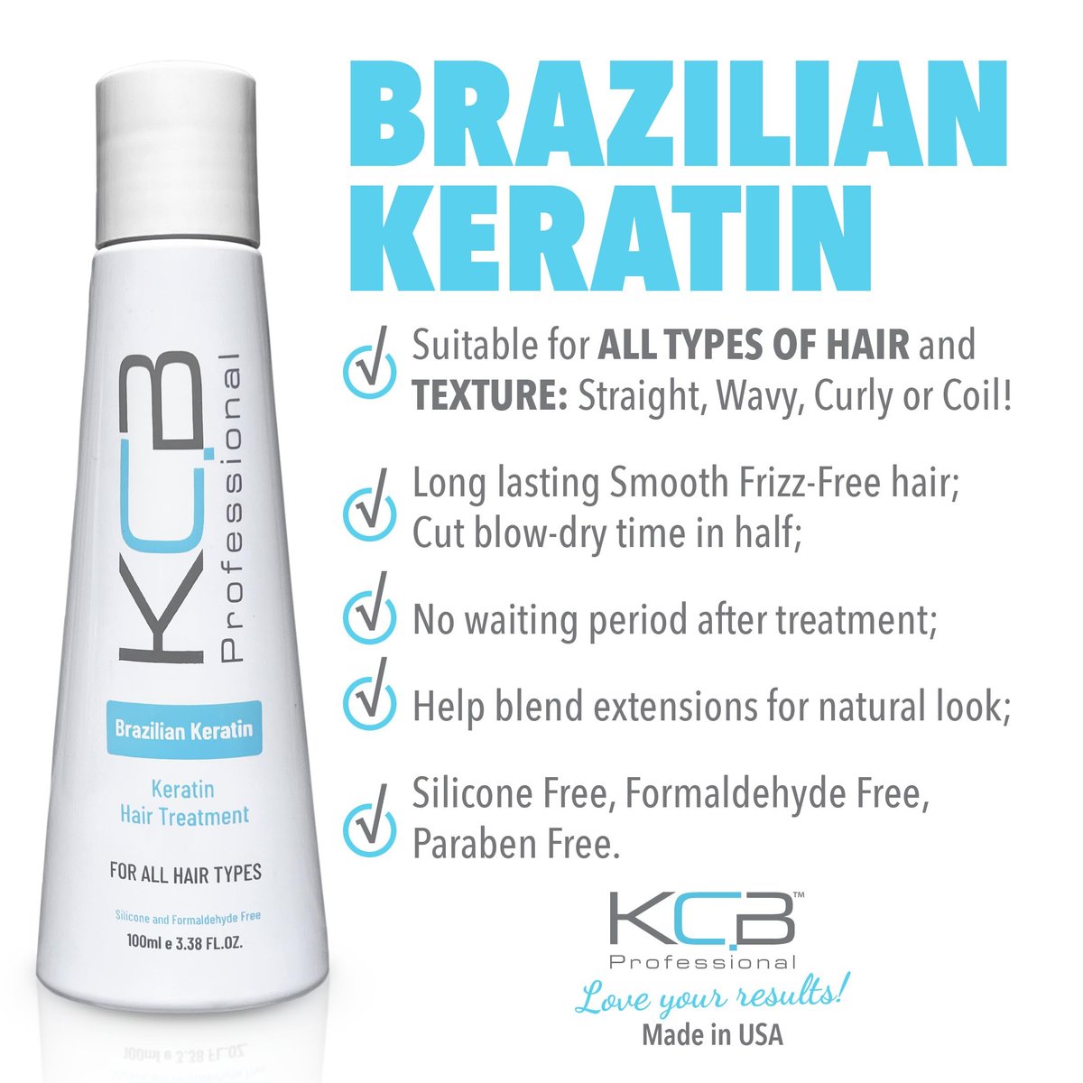 KCB Professional Brazilian Keratin 1 Step Keratin Treatment Kit - Formaldehyde Free, Frizz Control & Straightening for All Hair Types (3.38 Fl Oz) Avelisse