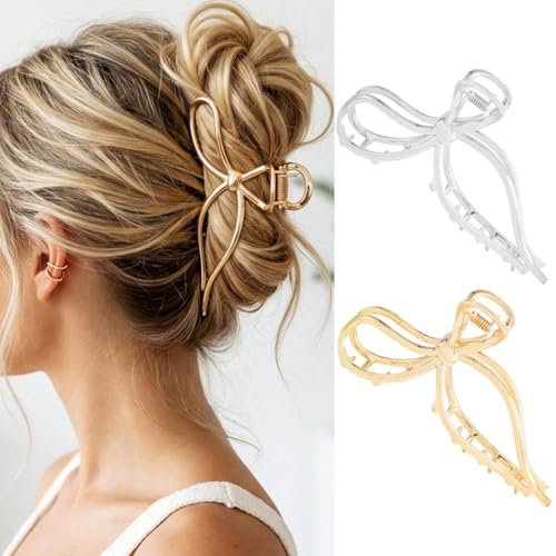 CAKURE Bow Claw Hair Clip Gold Metal Hair Clips for Women - Pack of 2, Medium Jaw Clamps, Stylish Hair Accessories - görsel 2