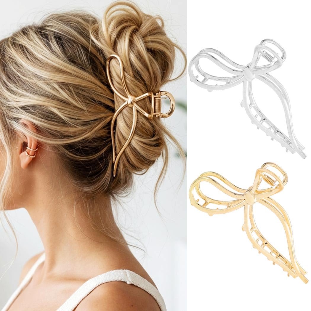 CAKURE Bow Claw Hair Clip Gold Metal Hair Clips for Women - Pack of 2, Medium Jaw Clamps, Stylish Hair Accessories - görsel 1