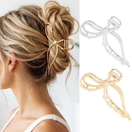 CAKURE Bow Claw Hair Clip Gold Metal Hair Clips for Women - Pack of 2, Medium Jaw Clamps, Stylish Hair Accessories