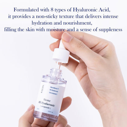 RAVIEL Biome 8X Hyaluronic Ampoule – Intensive Hydration & Pore Care Serum with 5X Ceramide for Dehydrated, Sensitive Skin, Korean Skincare, 30ml