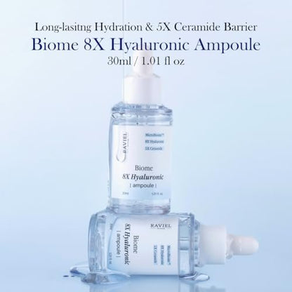 RAVIEL Biome 8X Hyaluronic Ampoule – Intensive Hydration & Pore Care Serum with 5X Ceramide for Dehydrated, Sensitive Skin, Korean Skincare, 30ml