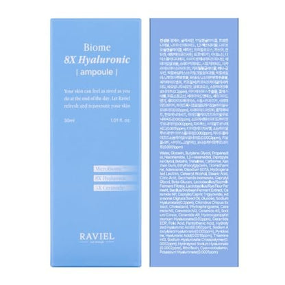 RAVIEL Biome 8X Hyaluronic Ampoule – Intensive Hydration & Pore Care Serum with 5X Ceramide for Dehydrated, Sensitive Skin, Korean Skincare, 30ml