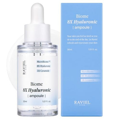 RAVIEL Biome 8X Hyaluronic Ampoule – Intensive Hydration & Pore Care Serum with 5X Ceramide for Dehydrated, Sensitive Skin, Korean Skincare, 30ml