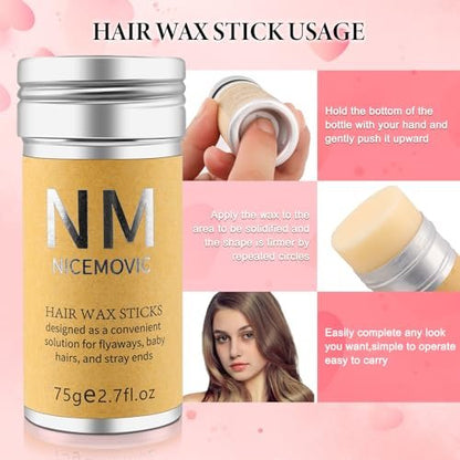 Hair Wax Stick Set for Flyaways – Stocking Stuffers for Women & Kids, Hair Slick Stick Styling Tools for Baby Hairs, Black