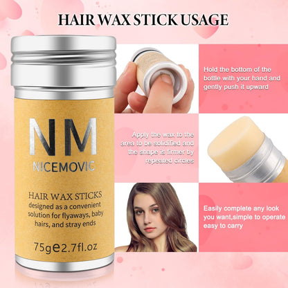 Hair Wax Stick Set for Flyaways – Stocking Stuffers for Women & Kids, Hair Slick Stick Styling Tools for Baby Hairs, Black