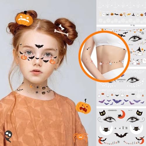 Halloween Face Temporary Tattoos for Kids – 12 Sheets of Day of the Dead, Pumpkin, Spider, Bat & Ghost Tattoo Stickers – Cute Face Makeup Decals for Halloween Party Decorations - görsel 12