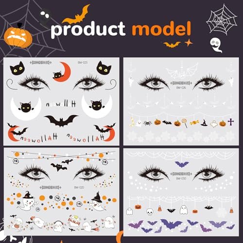 Halloween Face Temporary Tattoos for Kids – 12 Sheets of Day of the Dead, Pumpkin, Spider, Bat & Ghost Tattoo Stickers – Cute Face Makeup Decals for Halloween Party Decorations - görsel 10