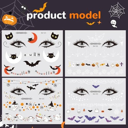 Halloween Face Temporary Tattoos for Kids – 12 Sheets of Day of the Dead, Pumpkin, Spider, Bat & Ghost Tattoo Stickers – Cute Face Makeup Decals for Halloween Party Decorations