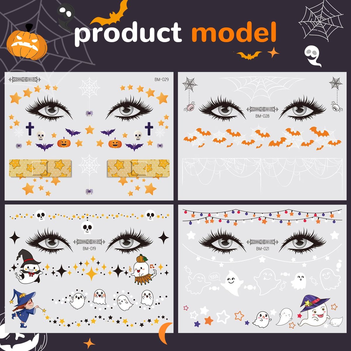 Halloween Face Temporary Tattoos for Kids – 12 Sheets of Day of the Dead, Pumpkin, Spider, Bat & Ghost Tattoo Stickers – Cute Face Makeup Decals for Halloween Party Decorations - görsel 3
