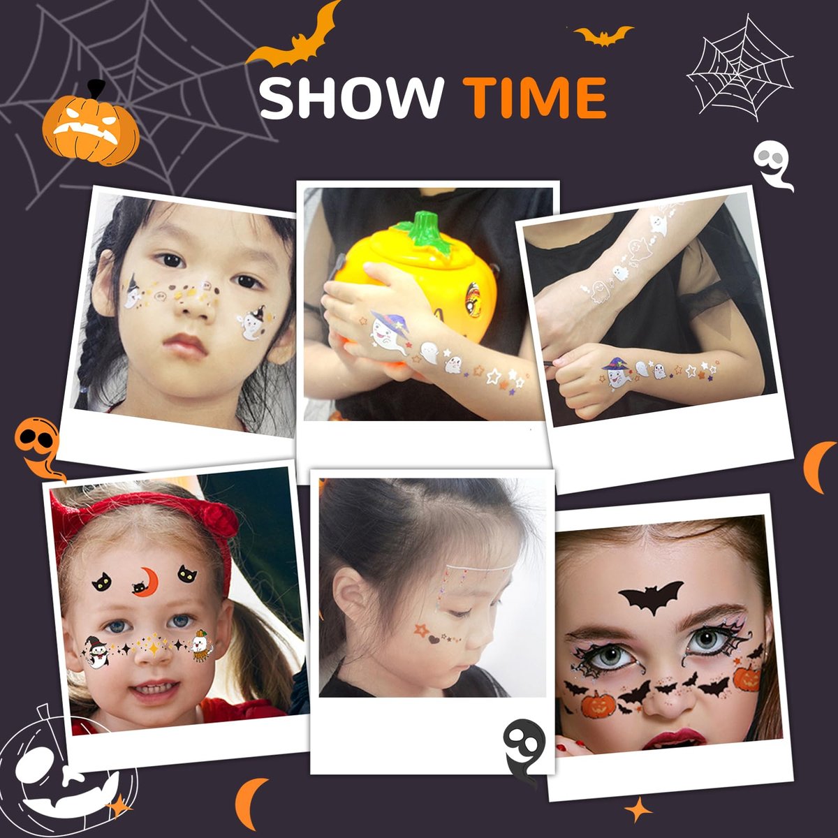 Halloween Face Temporary Tattoos for Kids – 12 Sheets of Day of the Dead, Pumpkin, Spider, Bat & Ghost Tattoo Stickers – Cute Face Makeup Decals for Halloween Party Decorations - görsel 5
