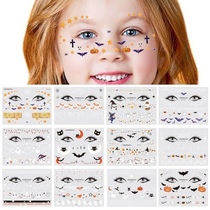 Halloween Face Temporary Tattoos for Kids – 12 Sheets of Day of the Dead, Pumpkin, Spider, Bat & Ghost Tattoo Stickers – Cute Face Makeup Decals for Halloween Party Decorations