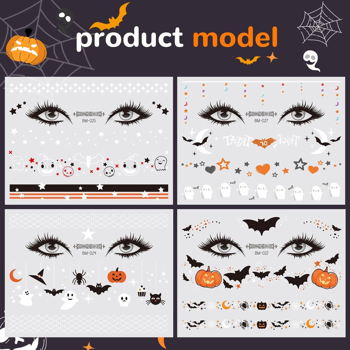 Halloween Face Temporary Tattoos for Kids – 12 Sheets of Day of the Dead, Pumpkin, Spider, Bat & Ghost Tattoo Stickers – Cute Face Makeup Decals for Halloween Party Decorations - görsel 7