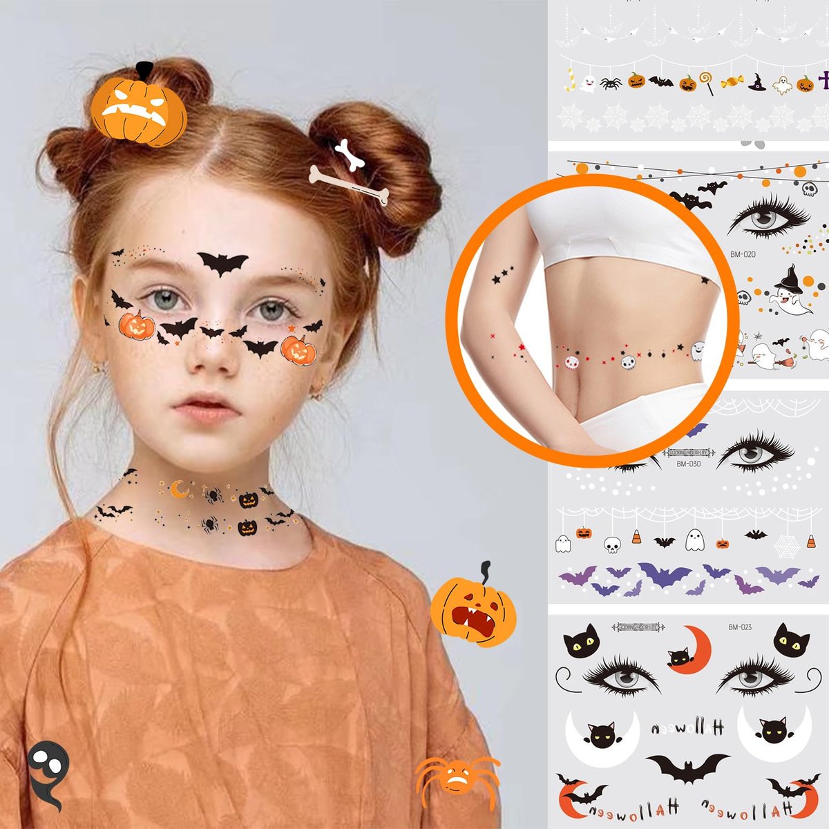 Halloween Face Temporary Tattoos for Kids – 12 Sheets of Day of the Dead, Pumpkin, Spider, Bat & Ghost Tattoo Stickers – Cute Face Makeup Decals for Halloween Party Decorations - görsel 11