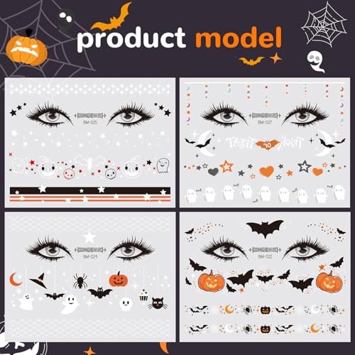 Halloween Face Temporary Tattoos for Kids – 12 Sheets of Day of the Dead, Pumpkin, Spider, Bat & Ghost Tattoo Stickers – Cute Face Makeup Decals for Halloween Party Decorations - görsel 8