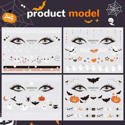 Halloween Face Temporary Tattoos for Kids – 12 Sheets of Day of the Dead, Pumpkin, Spider, Bat & Ghost Tattoo Stickers – Cute Face Makeup Decals for Halloween Party Decorations