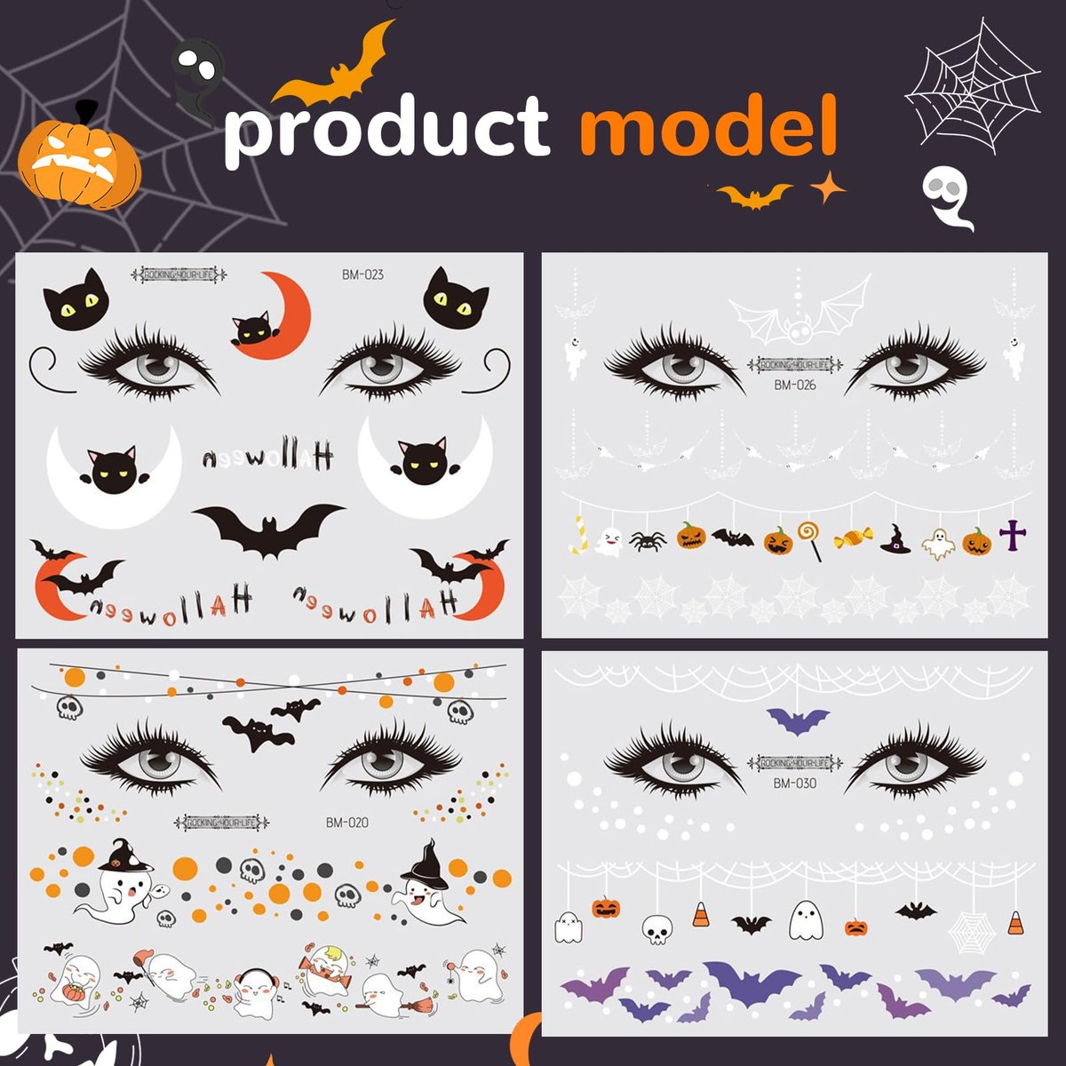 Halloween Face Temporary Tattoos for Kids – 12 Sheets of Day of the Dead, Pumpkin, Spider, Bat & Ghost Tattoo Stickers – Cute Face Makeup Decals for Halloween Party Decorations - görsel 9