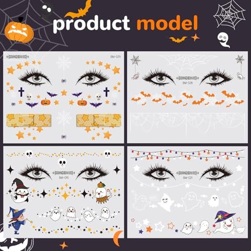 Halloween Face Temporary Tattoos for Kids – 12 Sheets of Day of the Dead, Pumpkin, Spider, Bat & Ghost Tattoo Stickers – Cute Face Makeup Decals for Halloween Party Decorations - görsel 4