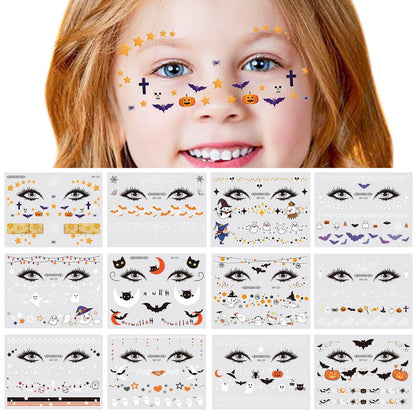 Halloween Face Temporary Tattoos for Kids – 12 Sheets of Day of the Dead, Pumpkin, Spider, Bat & Ghost Tattoo Stickers – Cute Face Makeup Decals for Halloween Party Decorations