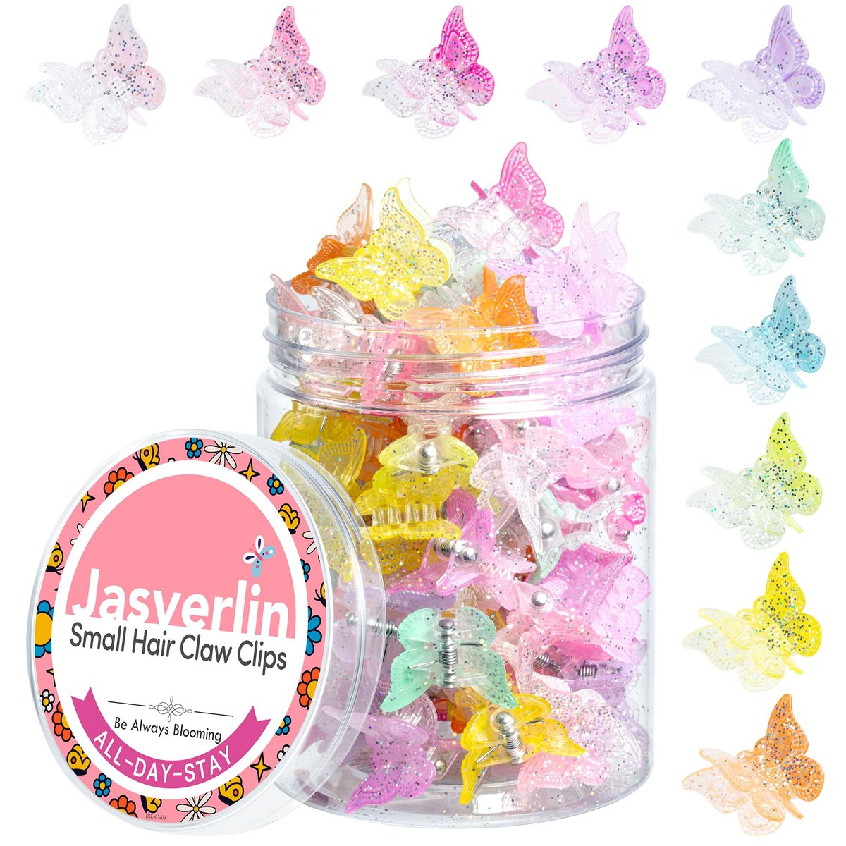 JASVERLIN Butterfly Clips for Hair Sparkly Glitter - 50 Pcs Small 90s Y2K Mini Cute Hair Claws for Girls, Rainbow Colors Dreamy - görsel 1