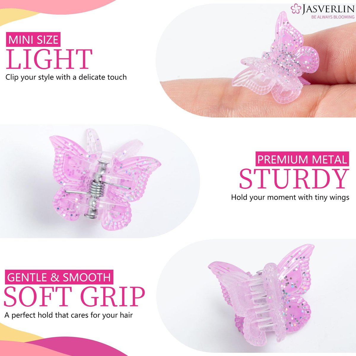JASVERLIN Butterfly Clips for Hair Sparkly Glitter - 50 Pcs Small 90s Y2K Mini Cute Hair Claws for Girls, Rainbow Colors Dreamy - görsel 7