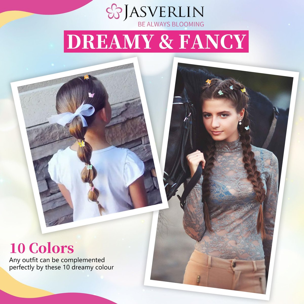 JASVERLIN Butterfly Clips for Hair Sparkly Glitter - 50 Pcs Small 90s Y2K Mini Cute Hair Claws for Girls, Rainbow Colors Dreamy - görsel 9