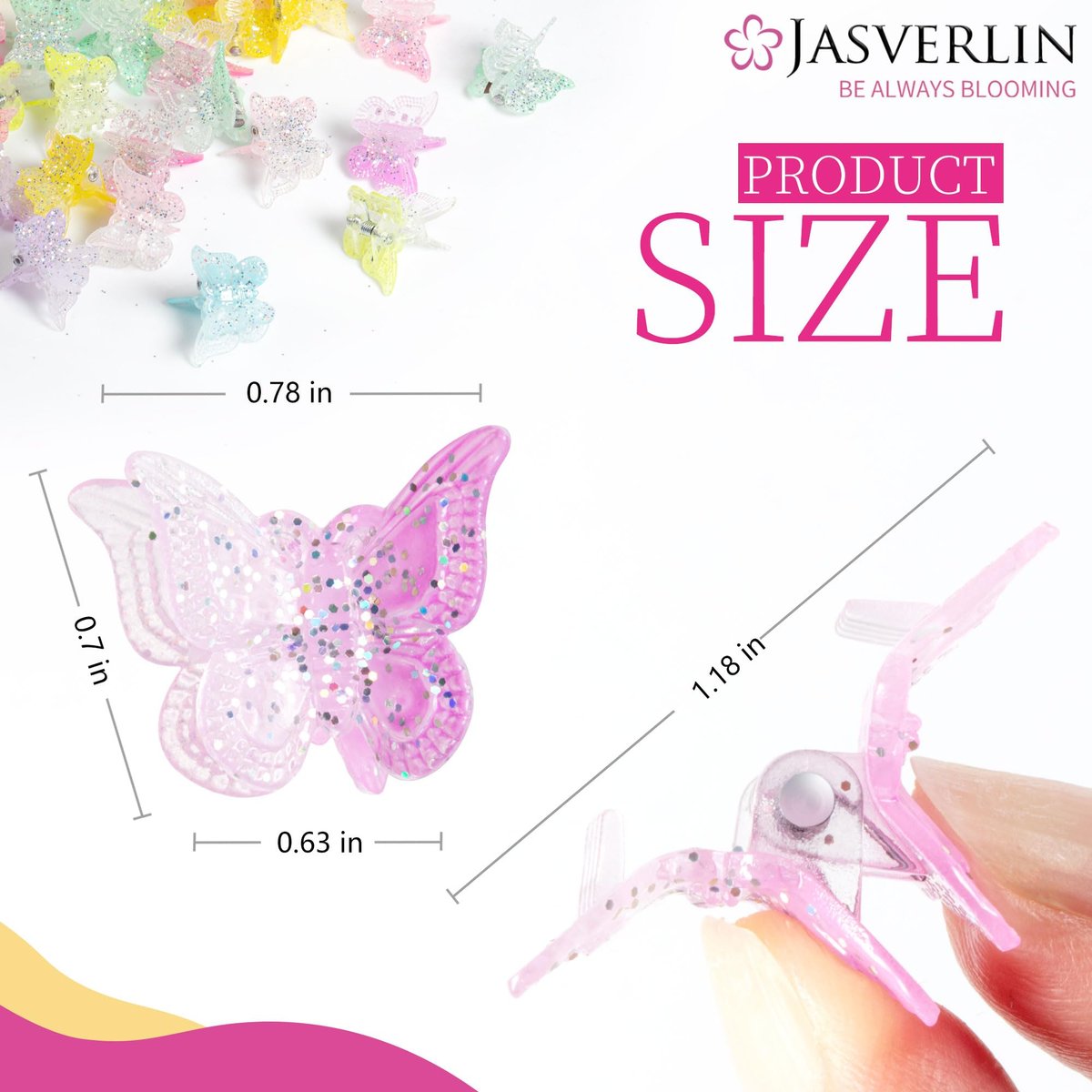 JASVERLIN Butterfly Clips for Hair Sparkly Glitter - 50 Pcs Small 90s Y2K Mini Cute Hair Claws for Girls, Rainbow Colors Dreamy - görsel 5