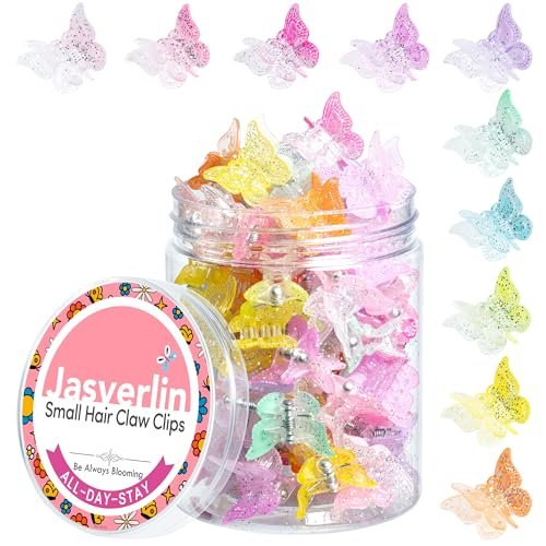JASVERLIN Butterfly Clips for Hair Sparkly Glitter - 50 Pcs Small 90s Y2K Mini Cute Hair Claws for Girls, Rainbow Colors Dreamy - görsel 2