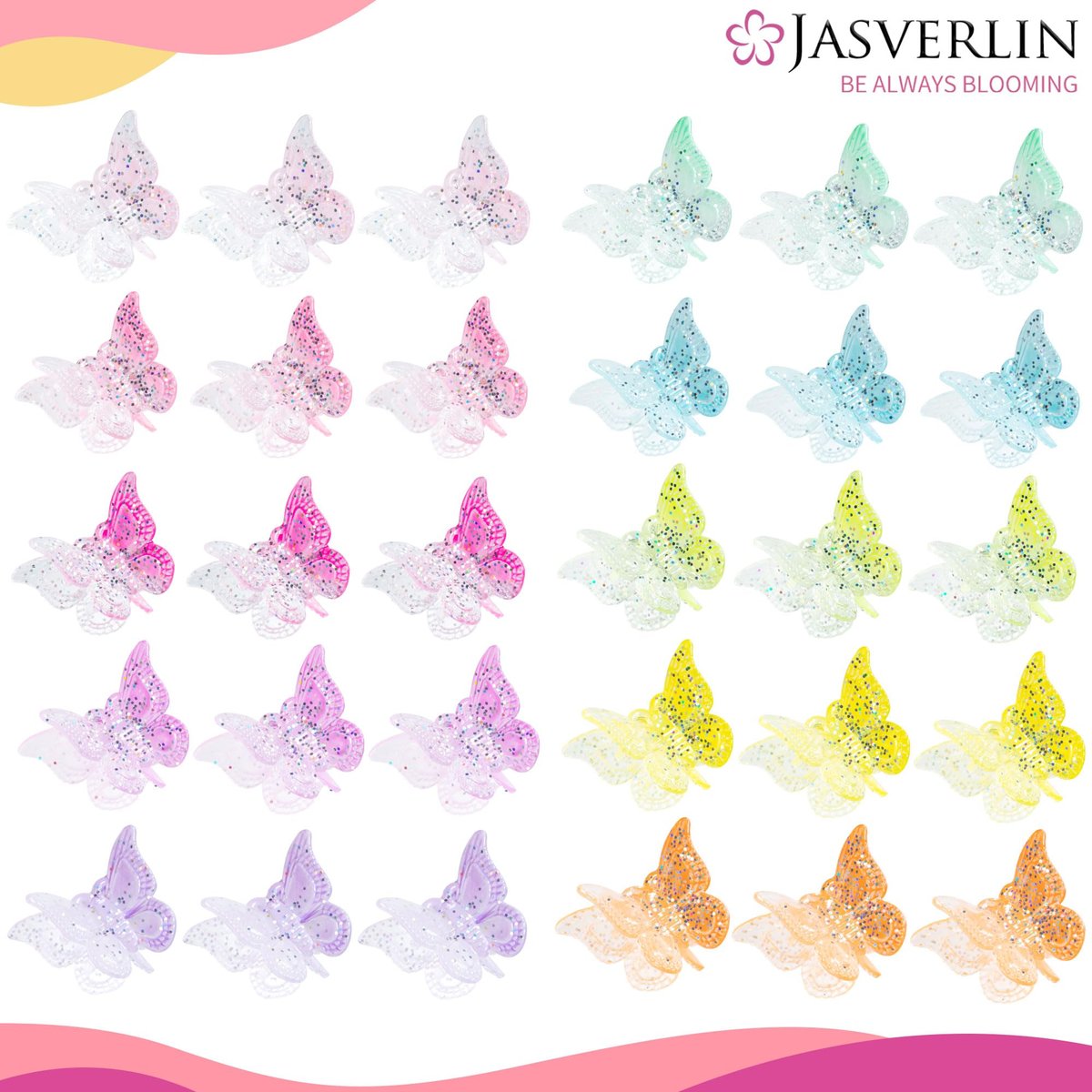 JASVERLIN Butterfly Clips for Hair Sparkly Glitter - 50 Pcs Small 90s Y2K Mini Cute Hair Claws for Girls, Rainbow Colors Dreamy - görsel 3
