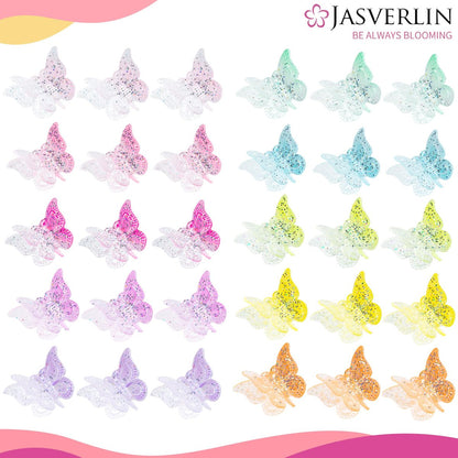 JASVERLIN Butterfly Clips for Hair Sparkly Glitter - 50 Pcs Small 90s Y2K Mini Cute Hair Claws for Girls, Rainbow Colors Dreamy