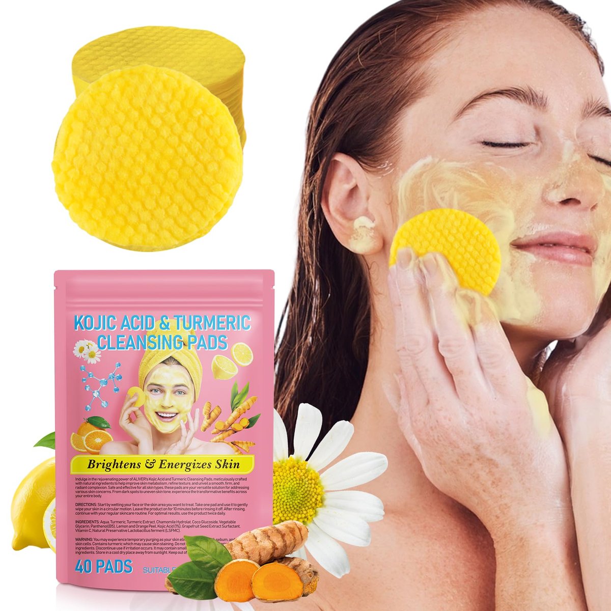 Turmeric Cleansing Pads with Kojic Acid – Balance Skin Oil and Water, 40 Count - görsel 1