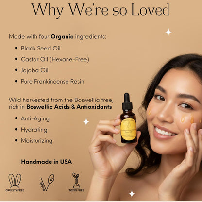 Frankincense Resin Infused Organic Black Seed, Castor & Jojoba Oils Face Anti-Aging Serum - Cold Pressed Natural Skincare Moisturizer for Glowing Skin, 1 Fl Oz Avelisse