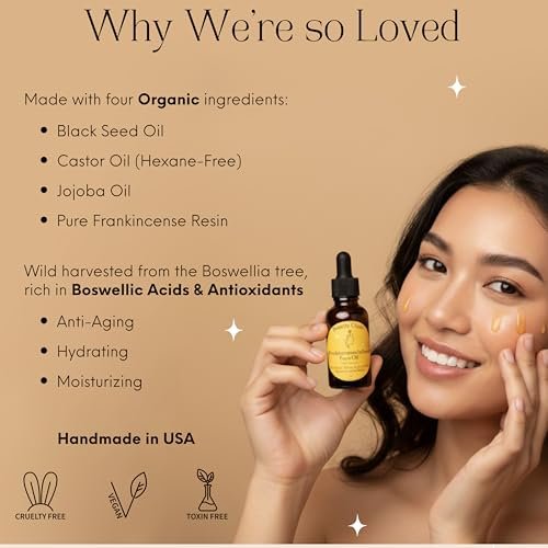 Frankincense Resin Infused Organic Black Seed, Castor & Jojoba Oils Face Anti-Aging Serum - Cold Pressed Natural Skincare Moisturizer for Glowing Skin, 1 Fl Oz Avelisse