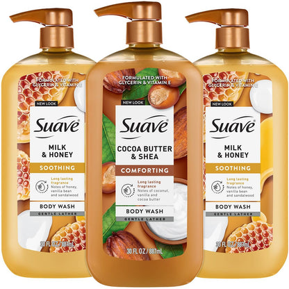Suave Body Wash Variety Bundle – Milk & Honey 2-Pack & Cocoa Butter Shea, Gentle & Moisturizing Body Washes with Vitamin E, 30 Oz Each (3 Piece Set) Avelisse