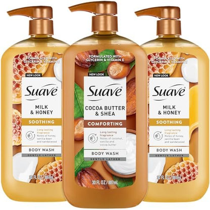 Suave Body Wash Variety Bundle – Milk & Honey 2-Pack & Cocoa Butter Shea, Gentle & Moisturizing Body Washes with Vitamin E, 30 Oz Each (3 Piece Set) Avelisse