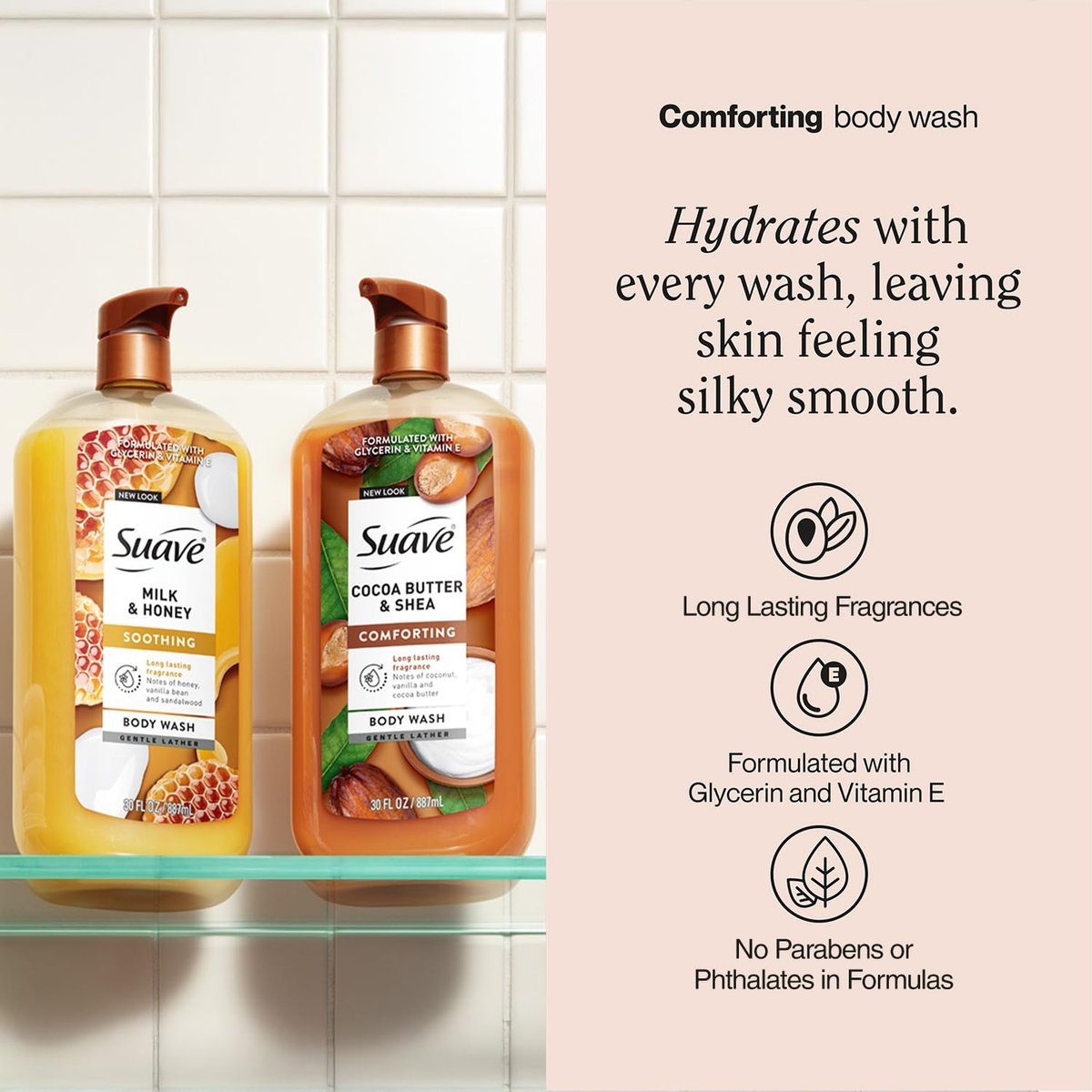 Suave Body Wash Variety Bundle – Milk & Honey 2-Pack & Cocoa Butter Shea, Gentle & Moisturizing Body Washes with Vitamin E, 30 Oz Each (3 Piece Set) Avelisse