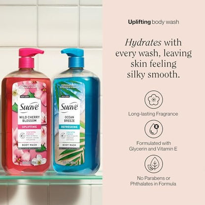 Suave Body Wash Variety Pack: Ocean Breeze & Wild Cherry Blossom, 3 x 30 oz, Moisturizing with Vitamin E Avelisse