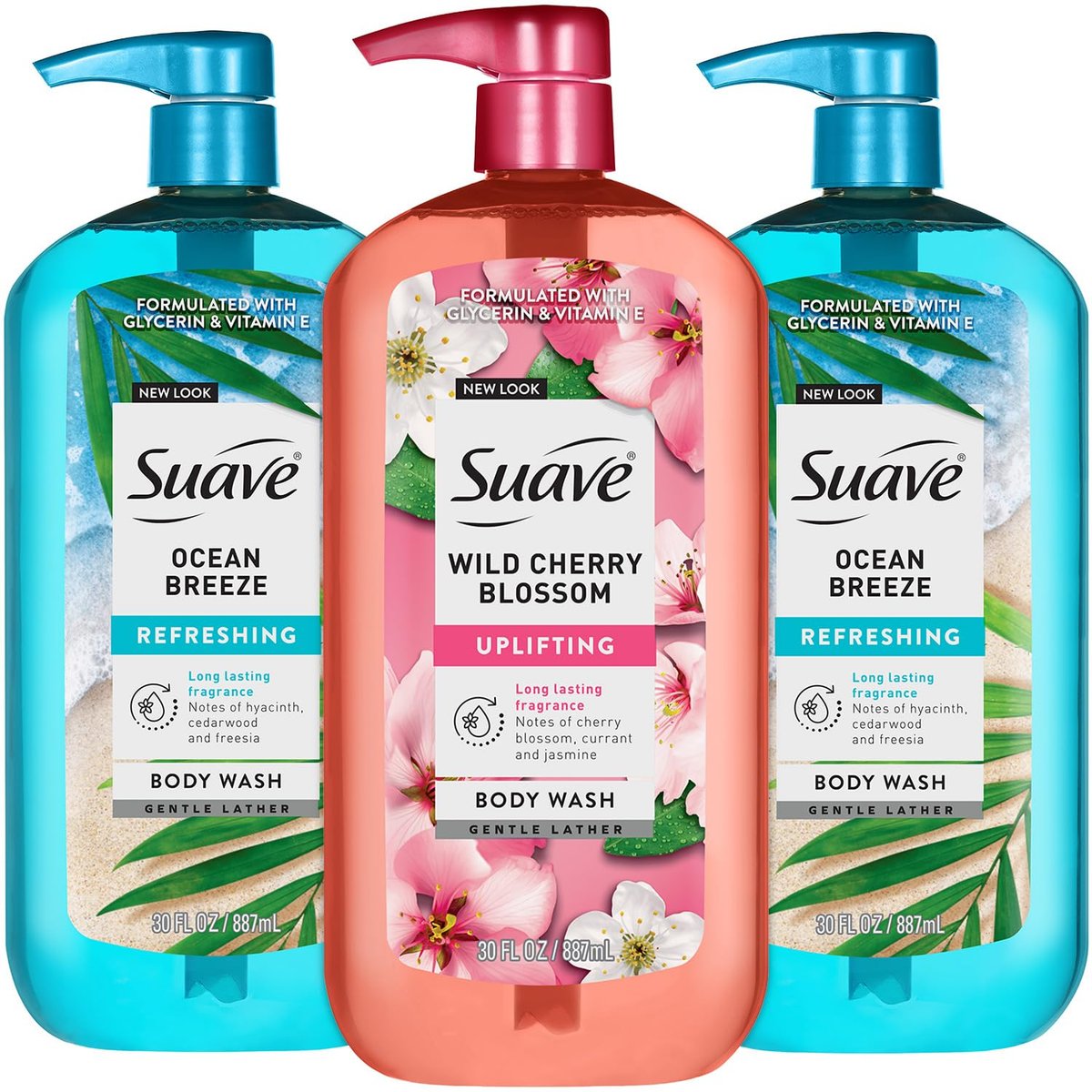 Suave Body Wash Variety Pack: Ocean Breeze & Wild Cherry Blossom, 3 x 30 oz, Moisturizing with Vitamin E Avelisse