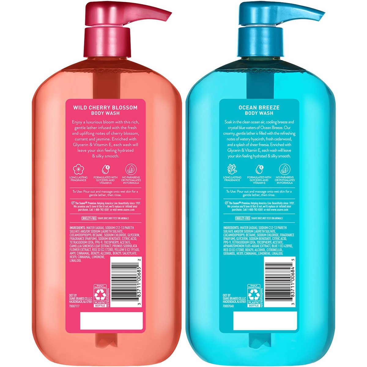 Suave Body Wash Variety Pack: Ocean Breeze & Wild Cherry Blossom, 3 x 30 oz, Moisturizing with Vitamin E Avelisse