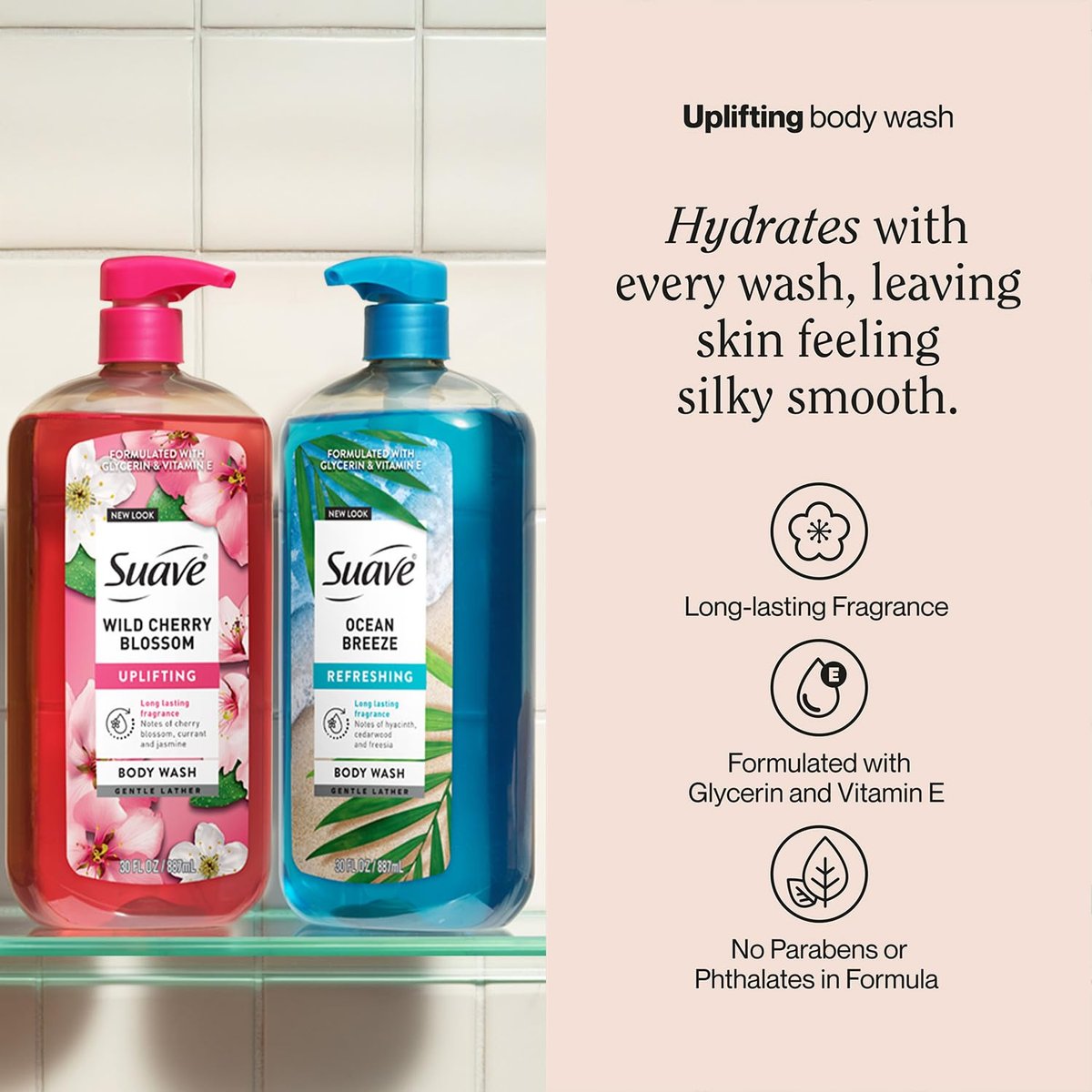 Suave Body Wash Variety Pack: Ocean Breeze & Wild Cherry Blossom, 3 x 30 oz, Moisturizing with Vitamin E Avelisse