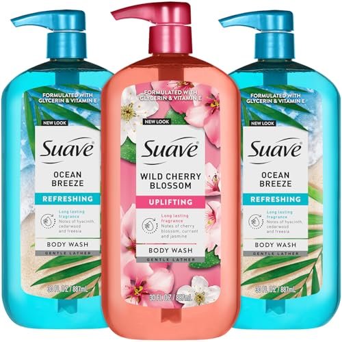 Suave Body Wash Variety Pack: Ocean Breeze & Wild Cherry Blossom, 3 x 30 oz, Moisturizing with Vitamin E Avelisse