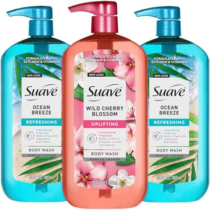 Suave Body Wash Variety Pack: Ocean Breeze & Wild Cherry Blossom, 3 x 30 oz, Moisturizing with Vitamin E Avelisse