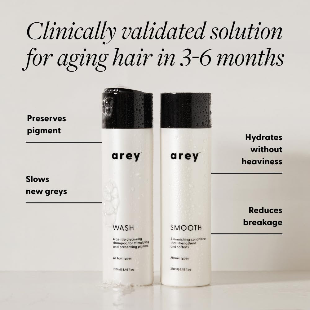 Arey Shower Duo Daily Wash Shampoo and Smooth Conditioner Set - Delay & Reduce Signs of Aging Grey Hair, Retain Moisture, Promote Smoothness - Vegan, Gluten-Free & Cruelty Free (2 Pack) Avelisse