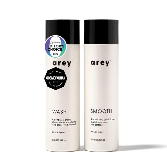 Arey Shower Duo Daily Wash Shampoo and Smooth Conditioner Set - Delay & Reduce Signs of Aging Grey Hair, Retain Moisture, Promote Smoothness - Vegan, Gluten-Free & Cruelty Free (2 Pack) Avelisse
