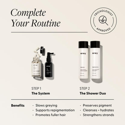 Arey Shower Duo Daily Wash Shampoo and Smooth Conditioner Set - Delay & Reduce Signs of Aging Grey Hair, Retain Moisture, Promote Smoothness - Vegan, Gluten-Free & Cruelty Free (2 Pack) Avelisse