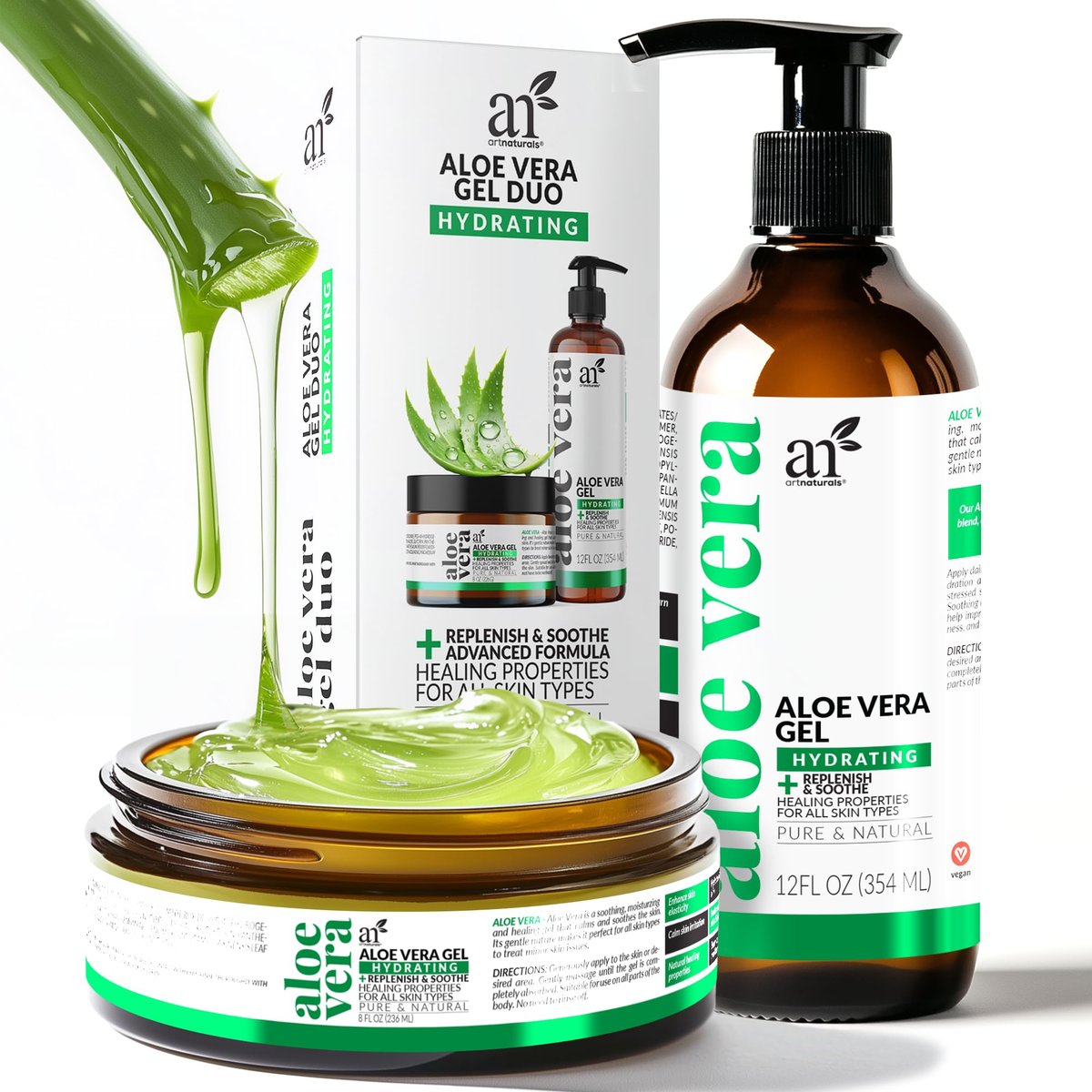 Artnaturals Aloe Vera Gel Set - JUMBO 20oz - Sunburn Relief & Hydration for Face, Body, Scalp & Hair - Calming Moisturizer After Sun Exposure - Freshly Harvested within 12 Hours - görsel 1