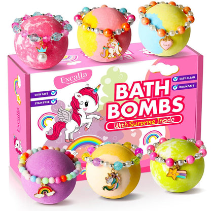 Unicorn Bath Bombs with Surprise Inside for Kids Girls - 6 Pack Natural Bubble Bath Set with Jewelry, Moisturizing Fun for Ages 4-8, Birthday Christmas Easter Gifts Avelisse