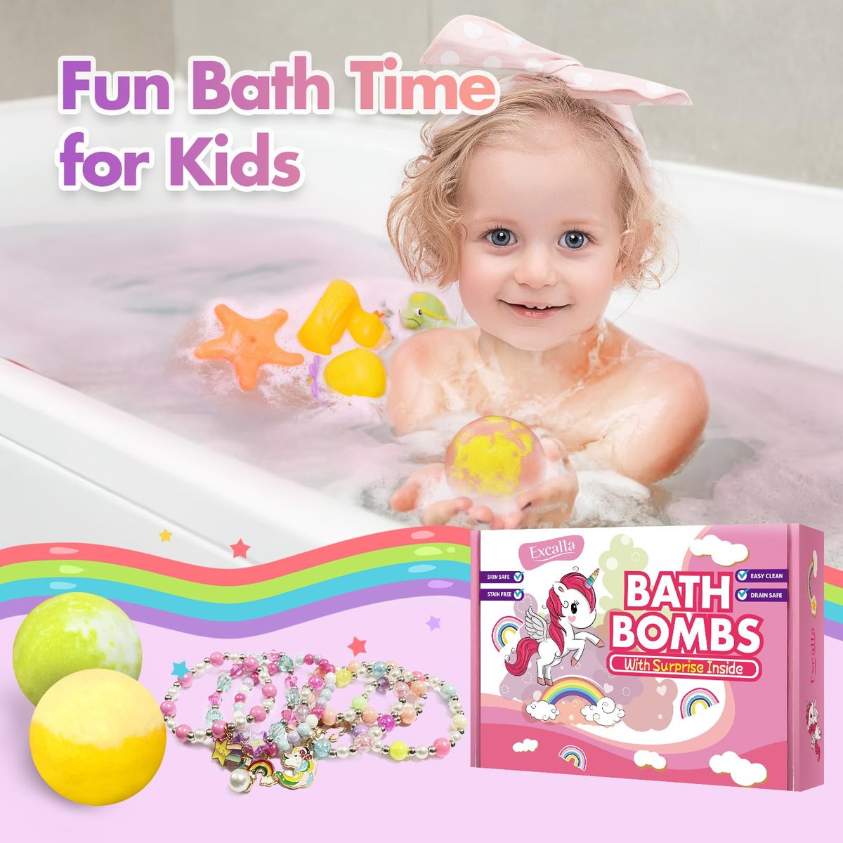 Unicorn Bath Bombs with Surprise Inside for Kids Girls - 6 Pack Natural Bubble Bath Set with Jewelry, Moisturizing Fun for Ages 4-8, Birthday Christmas Easter Gifts Avelisse