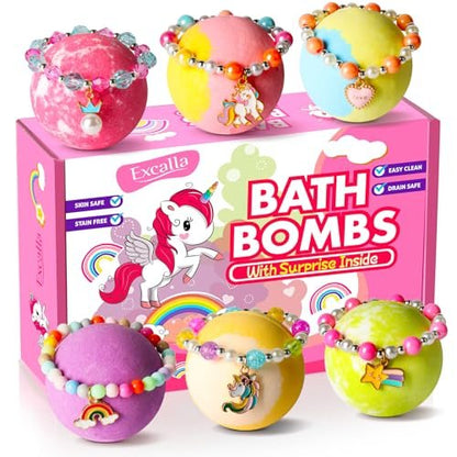 Unicorn Bath Bombs with Surprise Inside for Kids Girls - 6 Pack Natural Bubble Bath Set with Jewelry, Moisturizing Fun for Ages 4-8, Birthday Christmas Easter Gifts Avelisse