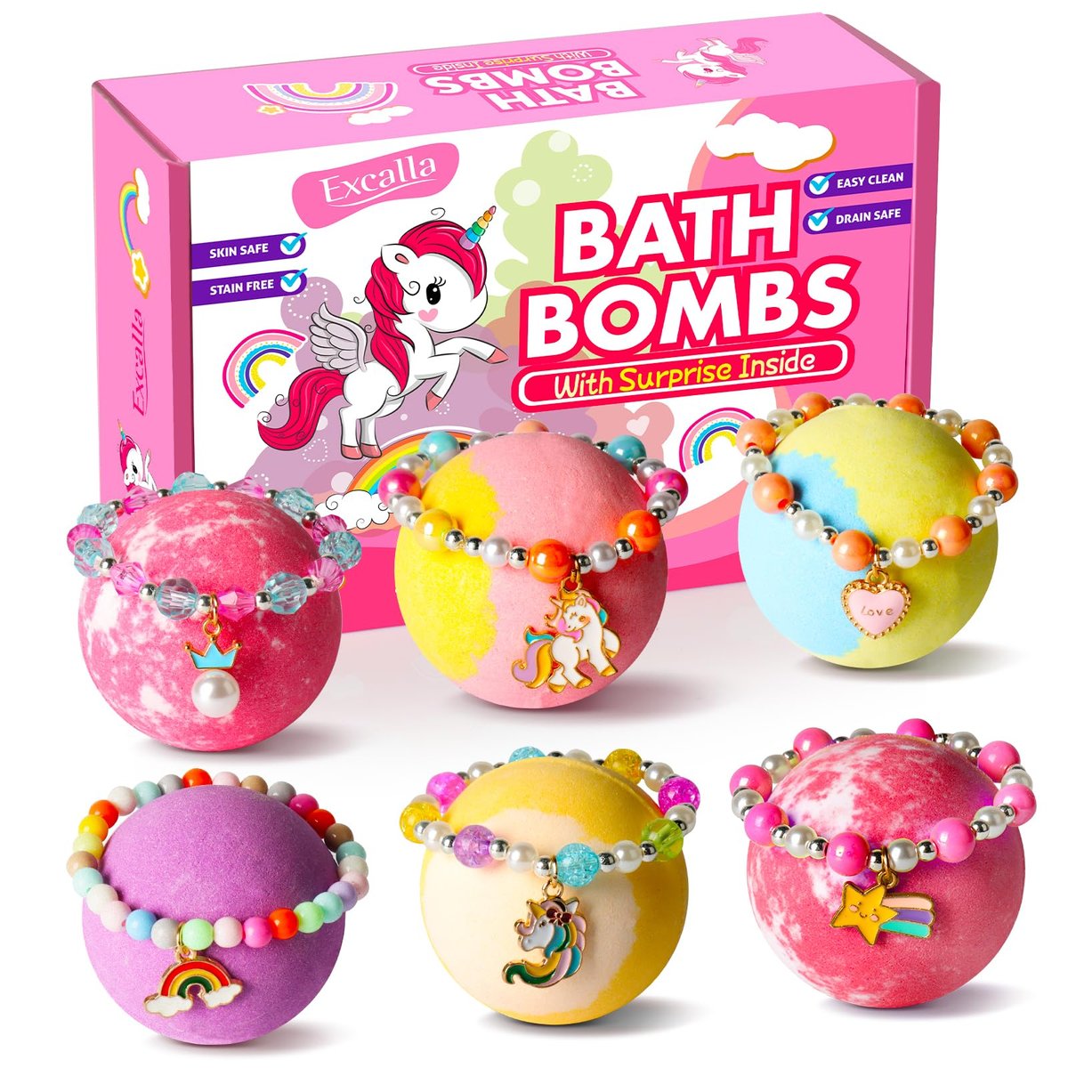 Unicorn Bath Bombs with Surprise Inside for Kids Girls - 6 Pack Natural Bubble Bath Set with Jewelry, Moisturizing Fun for Ages 4-8, Birthday Christmas Easter Gifts Avelisse